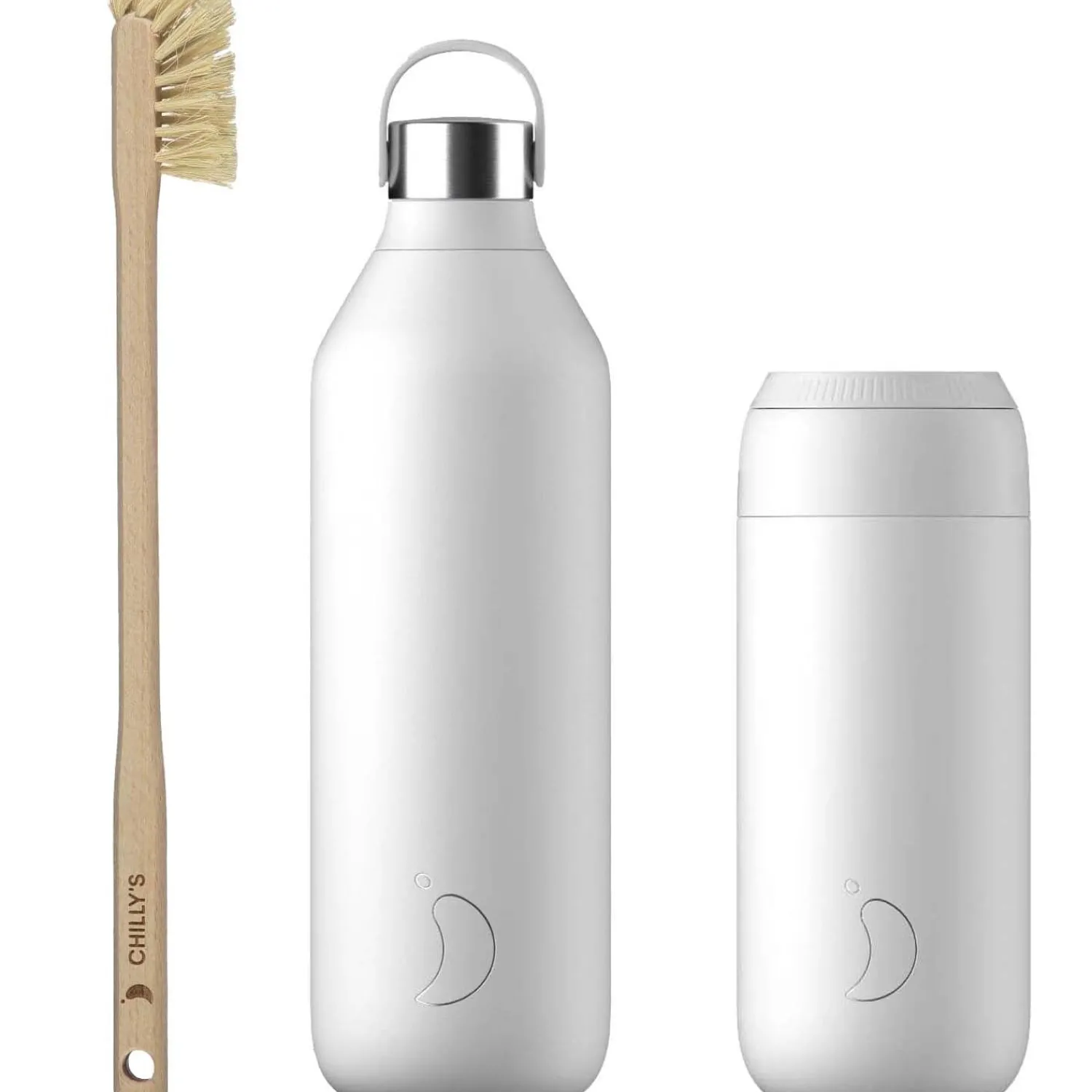 Chilly's Chilly's Series 2 Reusable Water Bottle, Coffee Cup & Cleaning Brush Set - Arctic White