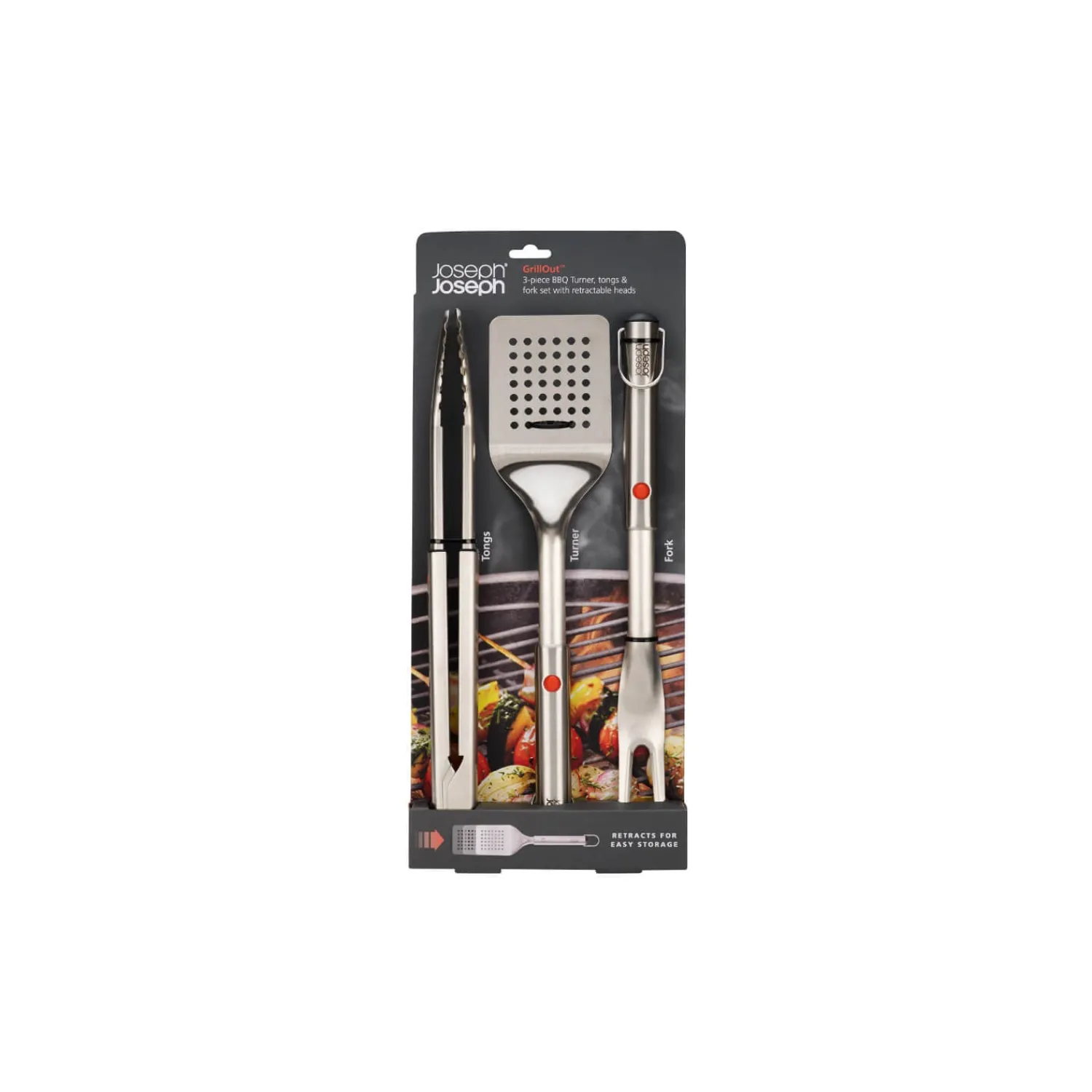Joseph Joseph GrillOut™ Stainless Steel BBQ 3-Piece Retractable Turner, Tongs & Fork Set