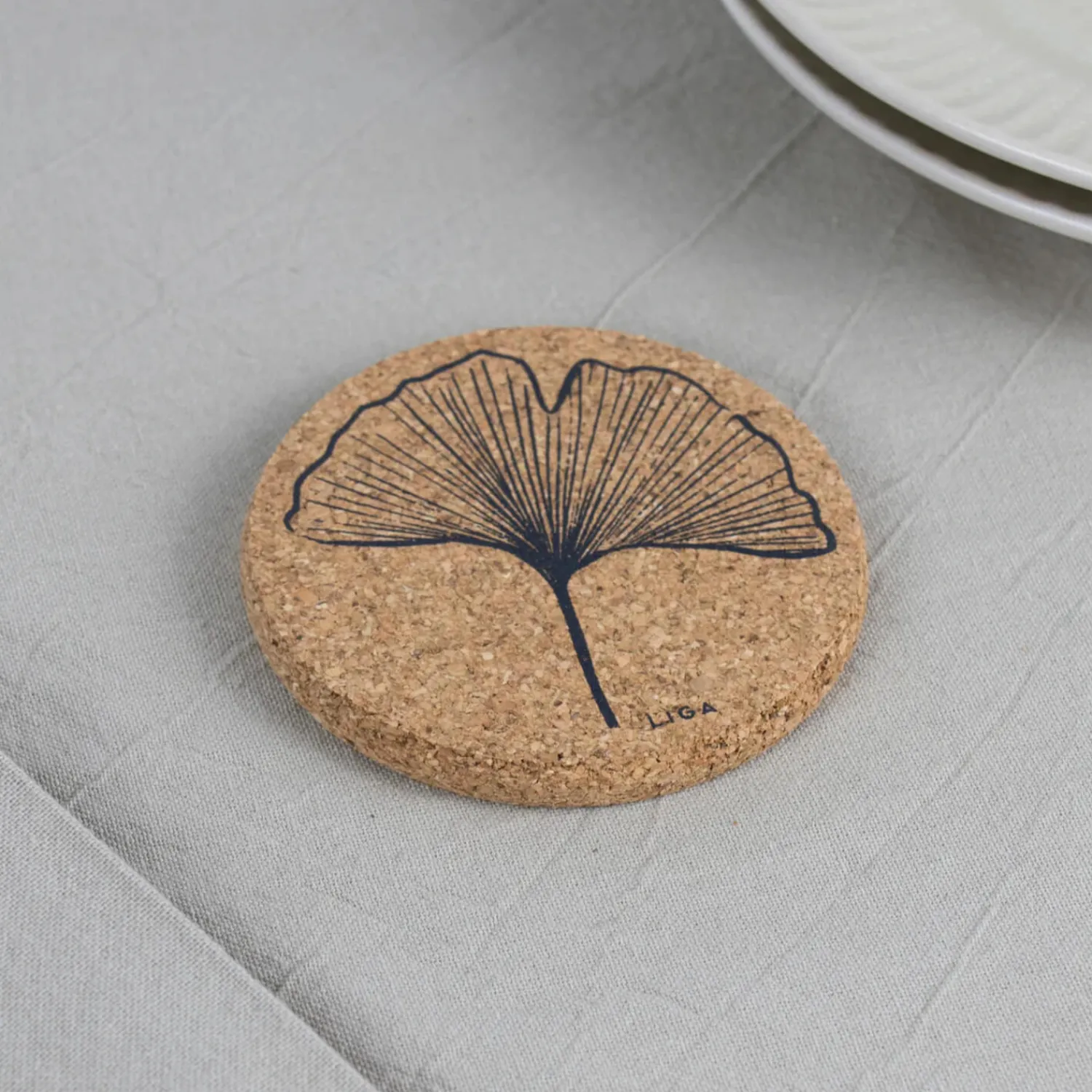 Liga Round Cork Coaster - Ginkgo - Grey