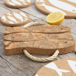 Liga Round Cork Coaster - Fish - White
