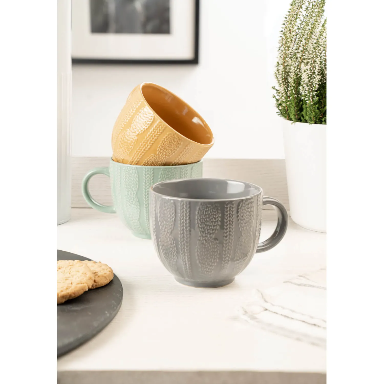 Siip Embossed Knit Stoneware 420ml Mug - Turquoise
