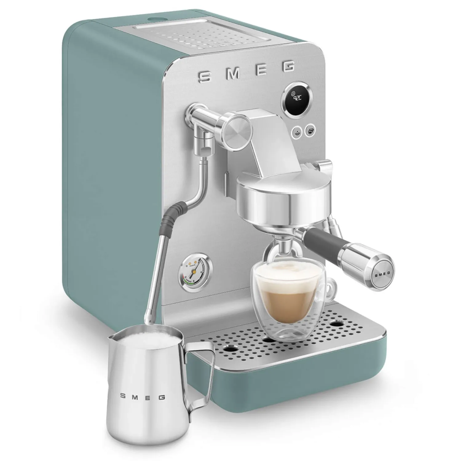 Smeg EMC02EGMUK Mini Pro Espresso Matte Emerald Green Coffee Machine & CGF02SSUK Mini Pro Stainless Steel Coffee Grinder